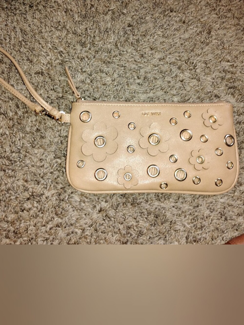 Nine West Tan/Beige Floral Grommet Faux Leather Wristlet Clutch